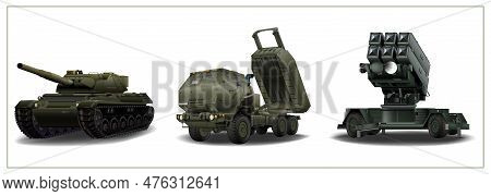 Military Vehicles Set. Himars, Main Battle Tank, Air Defense System In Realistic Style. Detailed Col