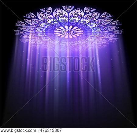 Stained Glass Mosaic Church Temple Cathedral Windows Light Composition With Dark Background And Skyl