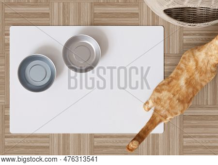 Blank White Pet Bowl Mat On The Floor At Home. Cat Food Pad With Copy Space For Picture Or Text. Wat