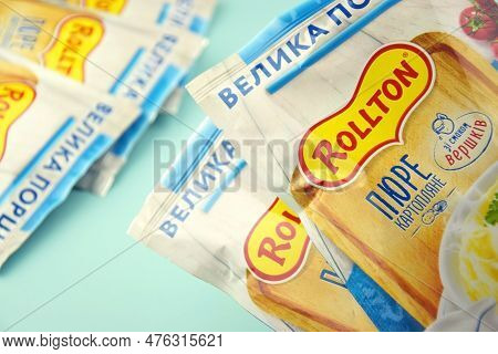 Rollton Instant Mashed Potatoes On A Blue Background. Fast Food, Junk Food.