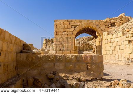 Arch And Ruins Of Crusaders Shobak Castle In Jordan Against Blue Sky