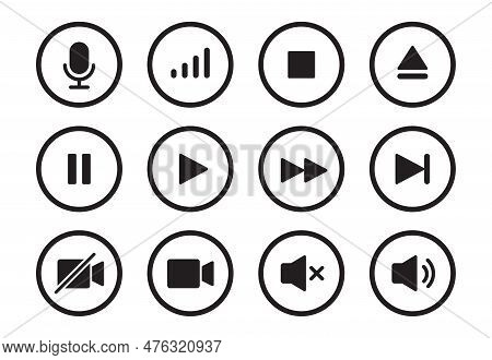 Audio, Video, Music Player Circle Button Icon. Sound Control, Play, Pause Button Solid Icon Set. Cam