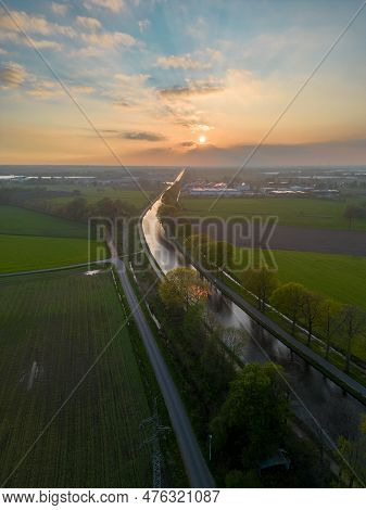 Dramatic Sunset Over Canal Dessel Schoten Aerial Photo In Rijkevorsel, Kempen, Belgium, Showing The 