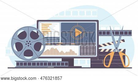 Video Editor, Creating And Editing Video Sequences. Movie Reels, Computer Programm For Redacting Fil