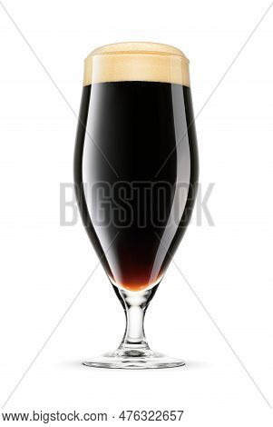 Stemmed Glass Of Fresh Delicious Dark Stout Beer With Cap Of Foam Isolated On White Background.