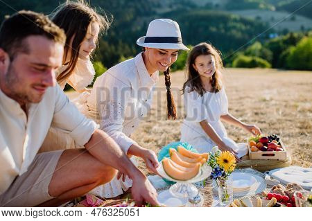 Happy Family With Children Having Picnic In Park.