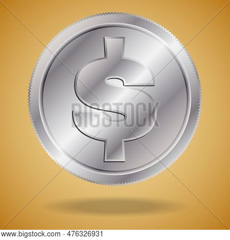 Modern Concept With A American Coin. Silver American Dollar With Shadow On Golden Background.