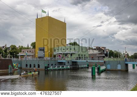 Groningen, The Netherlands - July 7, 2022: Futuristic Museum Of Modern Art Near Channel In Medieval 