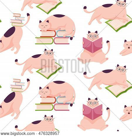 Cat Character Study Flat Pattern. Vector Seamless Pattern With Happy Cute Cats Character In Glasses.