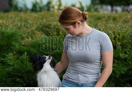 Caucasian Red-haired Woman Cuddling With Pappilion Dog Outdoors. Black And White Continental Spaniel