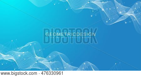 Digits Abstract Background With Connected Line And Dots, Wave Flow. Digital Neural Networks. Network