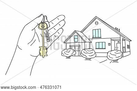 Keys To Apartment In Hand, Against Backdrop Of House. Real Estate Or New Building, Buying Or Renting