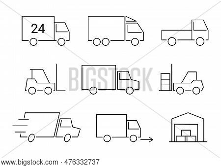 Truck Transport, Logistic And Delivery Line Icon. Shipment Service, Forklift And Warehousing. Cargo 