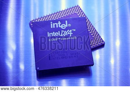 Ryazan, Russia - May 13, 2023: Intel Dx4 Processor Close Up. Early Intel Microprocessor