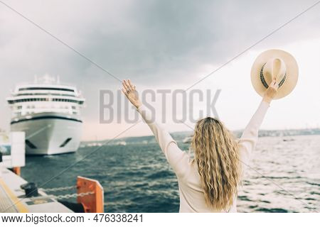 Woman Tourist Standing In Front Of Big Cruise Liner, Travel Female