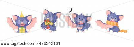 Funny Purple Bat Character Engaged In Different Activity Vector Set