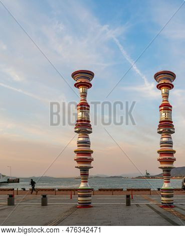 Takamatsu, Japan - March 29, 2023: Scenic View Of Takamatsu Port In Takamatsu, Shikoku, Japan