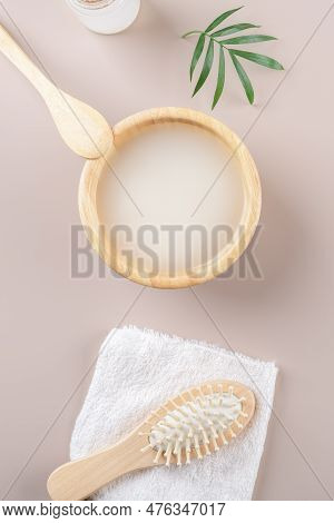 Homemade Cosmetic Rice Water With Ingredients On Beige Background, Healthy Beauty Hair Treatment Ing