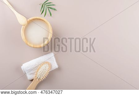 Homemade Cosmetic Rice Water With Ingredients On Beige Background, Healthy Beauty Hair Treatment Ing