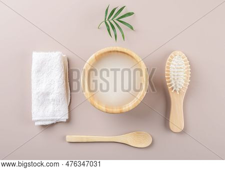 Homemade Cosmetic Rice Water With Ingredients On Beige Background, Healthy Beauty Treatment Ingredie