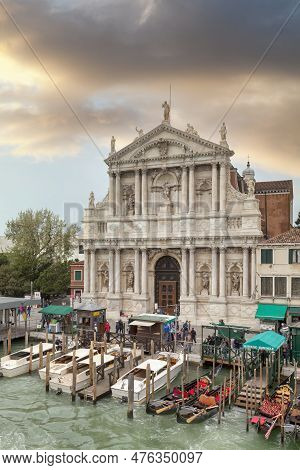 Venice, Italy - April 06 2019: Boat Coming Out From Below The Scalzi Bridge (italian: Ponte Degli Sc