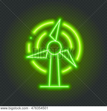 Glowing Neon Wind Turbine Icon. Wind Generator Sign. Neon Wind Generator Turbine Power. Glowing Neon