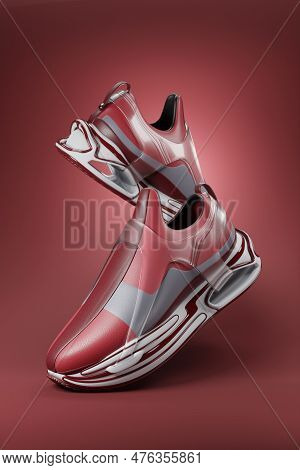 3d Illustration Of Colorful   Sneakers With Foam Soles And Closure Under Neon Color  Sneakers Side V