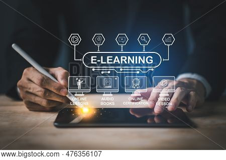 Online Education. E-learning Concept, Busunessman Uesing Tablet And Smartpen With Webinar Online, Ed
