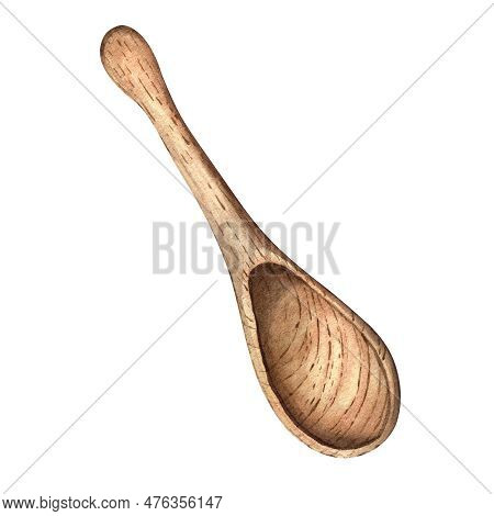 Single Wooden Spoon Watercolor Illustration Isolated On White. Kitchen Utensil Of Wood, Cutlery Hand