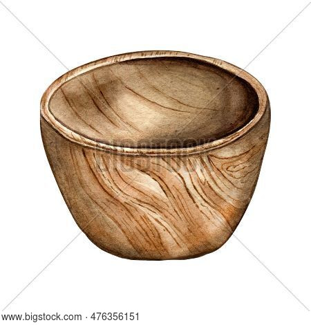 Single Wooden Bowl Watercolor Illustration Isolated On White. Kitchen Utensil Of Wood, Empty Dish Ha