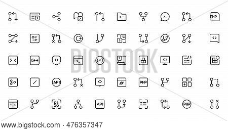 Developer Icon Set. Included The Icons As Code, Programmer Coding, Mobile App, Api, Node Connect, Fl