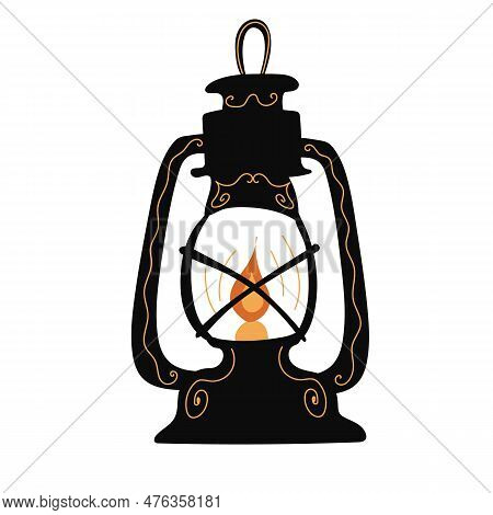 Old Vintage Oil Lamps And Candle Engraving. Vector Illustration. Flat Style