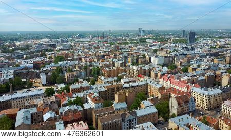 Riga Cityscape Spring Aerial Top View Video, Town, Latvia. Sunny Day Building Rooftops. Riga Skyline