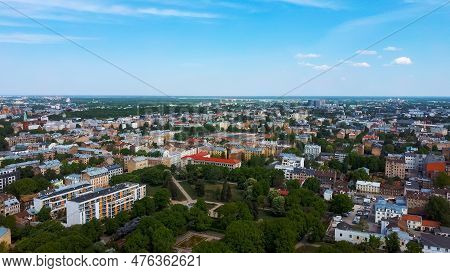 Riga Cityscape Spring Aerial Top View Video, Town, Latvia. Sunny Day Building Rooftops. Riga Skyline