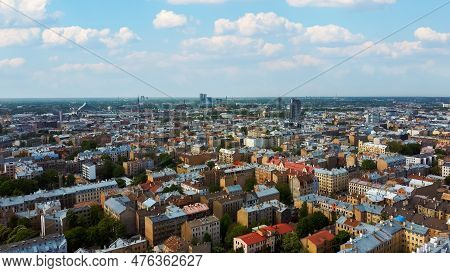 Riga Cityscape Spring Aerial Top View Video, Town, Latvia. Sunny Day Building Rooftops. Riga Skyline