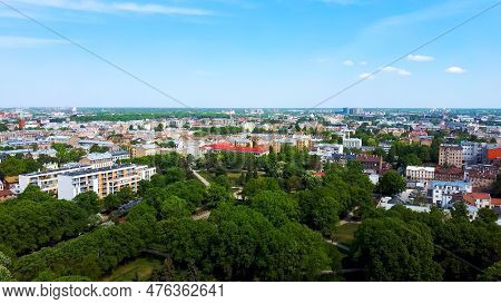 Riga Cityscape Spring Aerial Top View Video, Town, Latvia. Sunny Day Building Rooftops. Riga Skyline