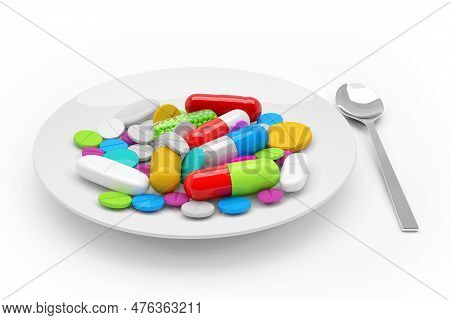 3d Rendering Of Colorful Tablets, Pills, Capsules - Medicament Over White Background.