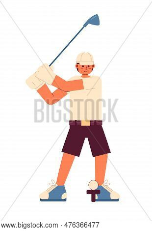 Young Male Golfer Playing Golf Semi Flat Colorful Vector Character