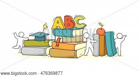 Sketch Of Books With Studing People. Doodle Cute Miniature About Literature And Education. Hand Draw
