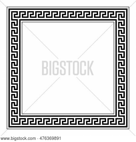 Greek Key Pattern, Jagged Meander Pattern, Square Frame And Decorative Border. Made Of Lines, Shaped