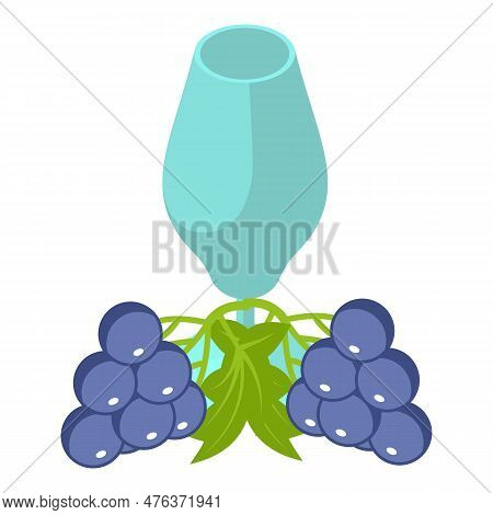 Grape Drink Icon Isometric Vector. Glass Goblet Near Blue Ripe Grape Bunch Icon. Beverage Concept, N