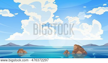 Sky And Sun At Sea Background, Ocean And Beach Vector Flat Cartoon. Illustration Of Island, Ocean Or