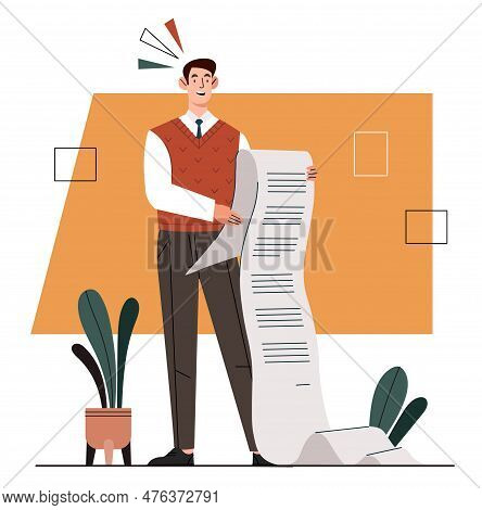Man Reading List. Young Guy In Suit Stands With To Do List Or Policies. Worker With Tasks And Goals.