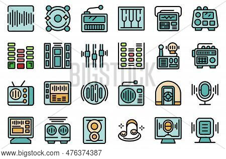 Radio Room Icons Set Outline Vector. Studio Record. Audio Music Thin Line Color Flat On White
