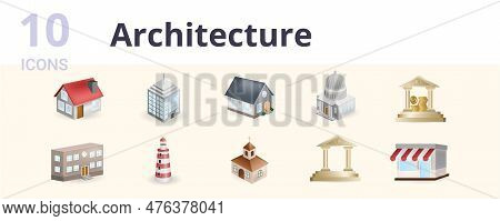 Architecture Set. Creative Icons: Home, Office, Villa, Goverment, Bank, School, Lighthouse, Church, 