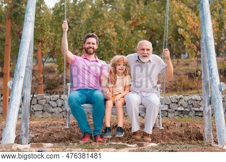 Men Generation Family Playing On Swing Together Three Different Generations Ages: Grandfather Father