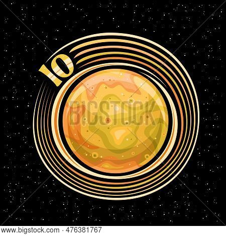 Vector Logo For Io Moon, Decorative Fantasy Print With Rotating Satellite Io, Stone Surface With Vol