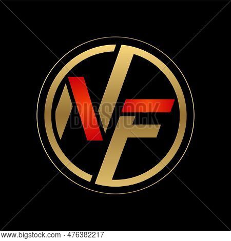 Monogram Nf. Golden Round On Black Background With Red Stripes.