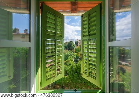Open Window With Green Wooden Shutters With View Of The Lovran, Travel Destination At Istrian Seasid
