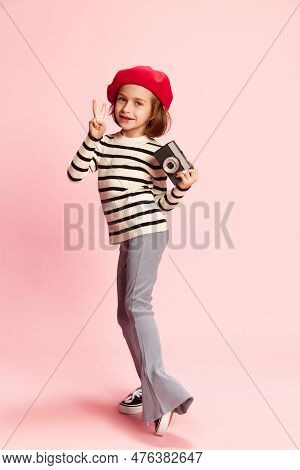 Portrait Of Little Positive Girl, Cild In Striped Sweater And Red Beret Posing With Vintage Photo Ca